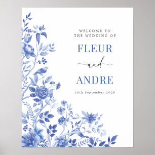 Elegante Blauwe Witte Chinoiserie Trouw Welkom Poster