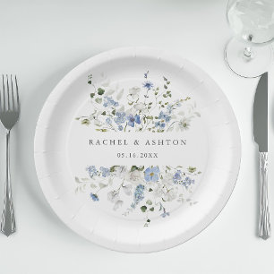 Elegante Blauwe Witte Groene Bloemige Bruiloft   Papieren Bordje