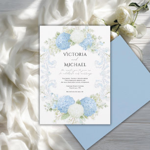 Elegante blauwe witte hortensia krans bruiloft kaart