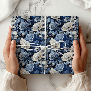 Elegante Blauwe Witte Ivoren Bloemrijke Luxe Inpak Cadeaupapier