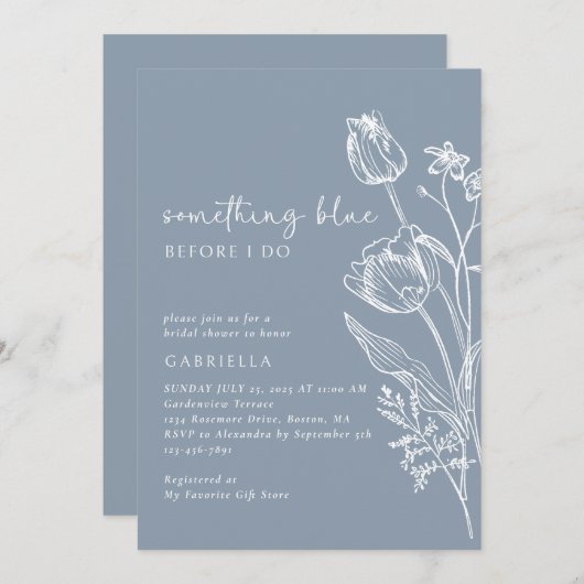 Elegante Blauwe Witte Lijn Art Floral Vrijgezellen Kaart (Voorkant / Achterkant)