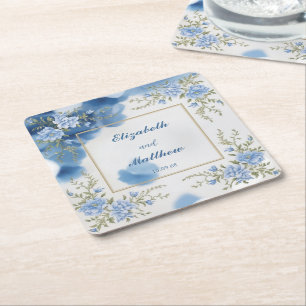 Elegante Blauwe & Witte Overlay Bloemen bruiloft Vierkante Kartonnen Onderzetter