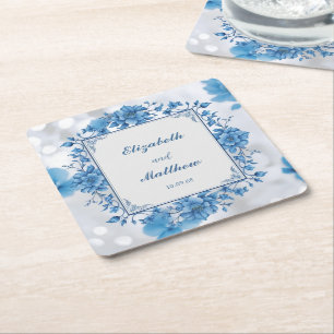 Elegante Blauwe & Witte Overlay Bloemen bruiloft Vierkante Kartonnen Onderzetter