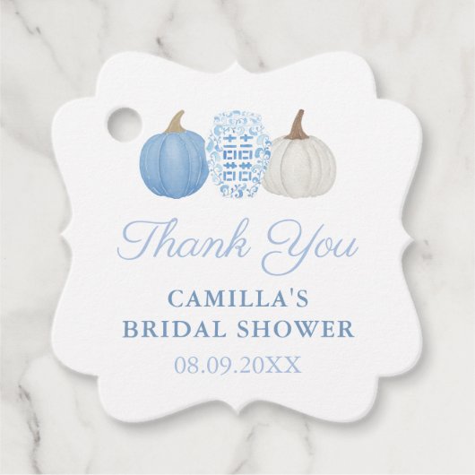 Elegante Blauwe & Witte Pompoenen Herfst Bruidsfee Bedankjes Labels (Voorkant)