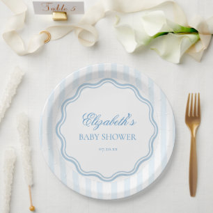 Elegante blauwe witte strepen golvende scallop ran papieren bordje