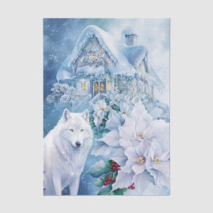 Elegante Blauwe Witte Wolf Bloemrijke Winter Scène Tissuepapier