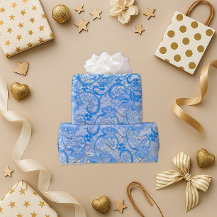 Elegante Blauwe Zilveren Paisley Bloemen Cadeaupapier