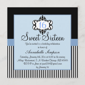 Elegante blauwe & zwarte chic Sweet 16 uitnodiging