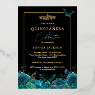 Elegante Blauwe Zwarte Vlinder Foto Quinceanera   Folie Uitnodiging