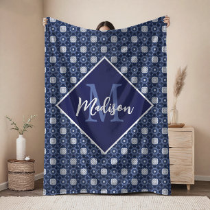 Elegante blauwgrijze eerste gemonoogrammeerde  fleece deken