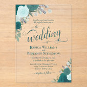 Elegante Blauwgroen & Aqua Boho Chic Rozen Fancy b Acryl Uitnodigingen (Voorkant)