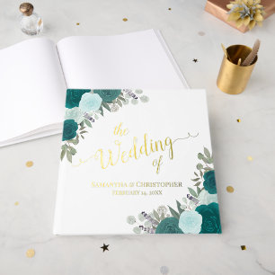 Elegante Blauwgroen & Aqua Boho Chic Rozen Folie b Gastenboek