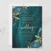 Elegante Blauwgroen Blauw Gouden Bloemen bruiloft Kaart (Voorkant)