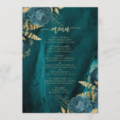 Elegante Blauwgroen Blauw Gouden Bloemen bruiloft Menu (Voorkant)
