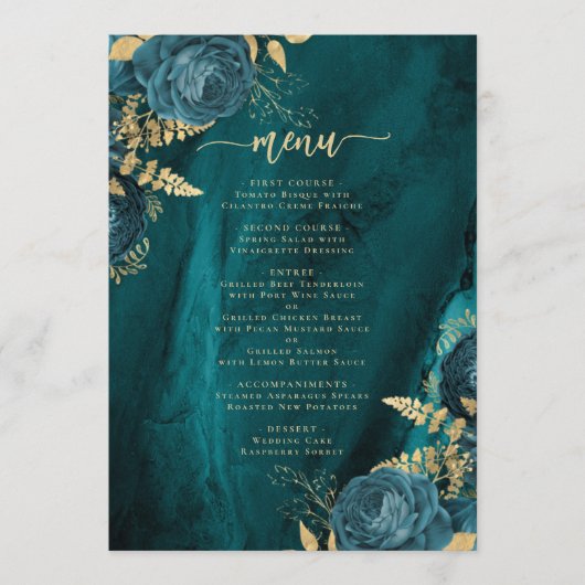 Elegante Blauwgroen Blauw Gouden Bloemen bruiloft Menu (Voorkant)