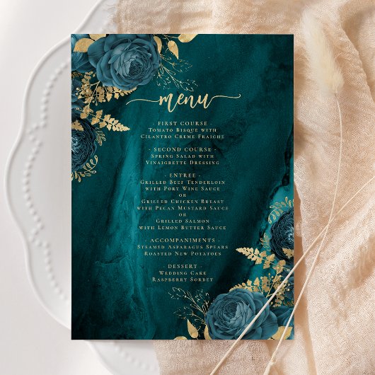 Elegante Blauwgroen Blauw Gouden Bloemen bruiloft Menu