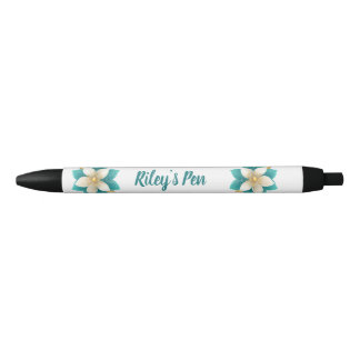 Elegante Blauwgroen Blauwe Bloemen Naam Zwarte Inkt Pen