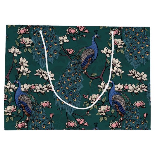 Elegante Blauwgroen Bloemen Pauw en Magnolia Bloem Groot Cadeauzakje (Achterkant)