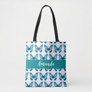 Elegante Blauwgroen Butterly Pattern Name Draagtas