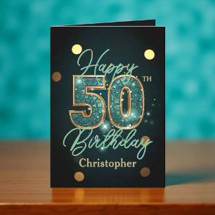 Elegante Blauwgroen en gouden metallic 50e verjaar Kaart