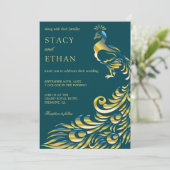 Elegante Blauwgroen en gouden Peacock bruiloft uit Kaart (Staand voorkant)