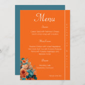 Elegante Blauwgroen en Oranje bloemenbruiloft Menu (Voorkant / Achterkant)