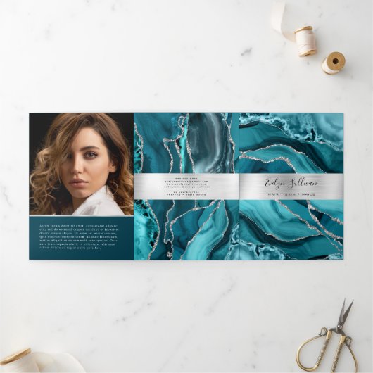 Elegante Blauwgroen en zilveren Agaat Trifold Broc Drieluik Kaart (Buitenkant)