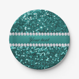 Elegante Blauwgroen Faux schittert en Diamanten Papieren Bordje
