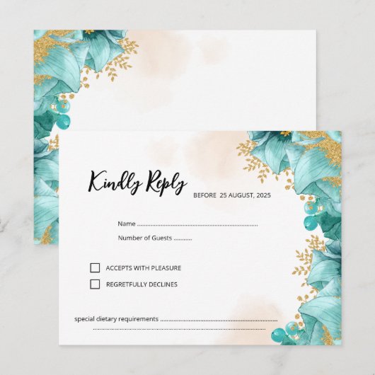 Elegante Blauwgroen Floral RSVP-kaart Briefkaart (Voorkant / Achterkant)