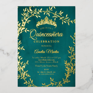 Elegante Blauwgroen Gold Leaf Krans Quinceanera Folie Uitnodiging