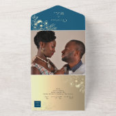 Elegante Blauwgroen gouden bloem foto bruiloft All In One Uitnodiging (Buitenkant)