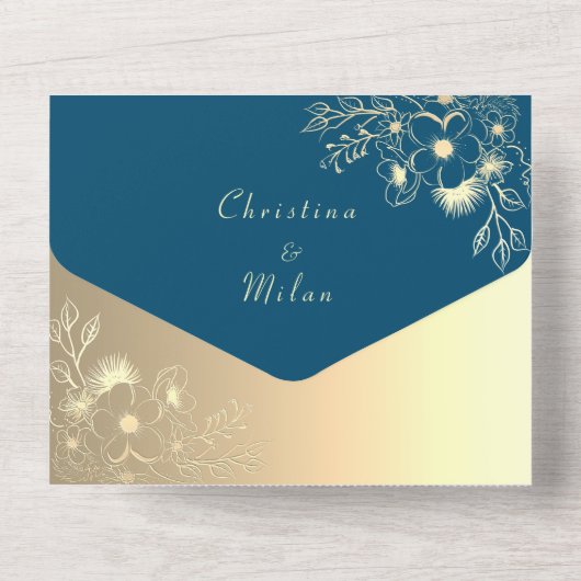 Elegante Blauwgroen gouden bloem foto bruiloft All In One Uitnodiging (Achterkant)