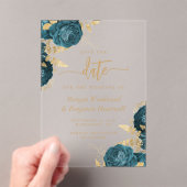 Elegante Blauwgroen gouden bloemenbruiloft Save th Acryl Uitnodigingen (Insitu (Draagbaar))