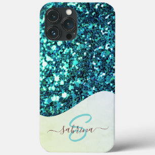 Elegante Blauwgroen Groene Drip Glitter Monogramme iPhone 13 Pro Max Hoesje