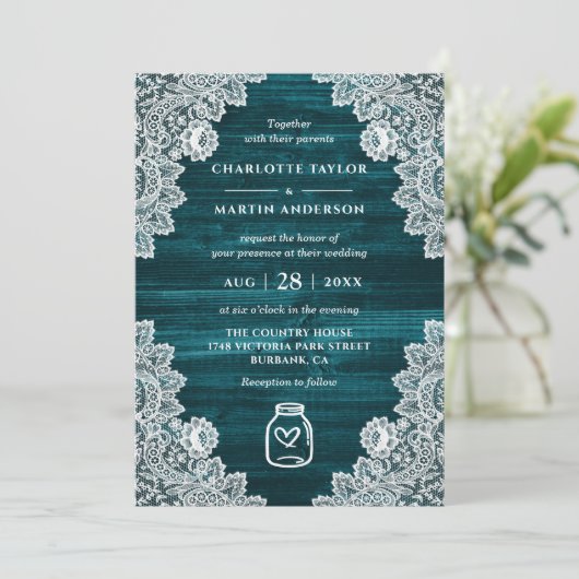 Elegante Blauwgroen Houten Bloemen Kant Mason Jar Kaart (Staand voorkant)