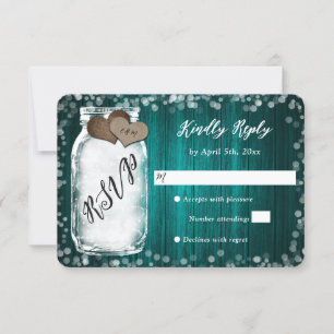Elegante Blauwgroen Mason Jar Wood Wedding RSVP Ka