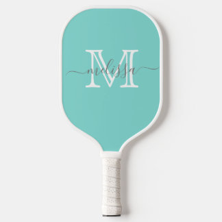 Elegante Blauwgroen Minimale Naam en Monogram Pickleball Paddle