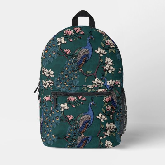 Elegante Blauwgroen pauwen & Magnolia bloemen groe Bedrukte Rugzak (Voorkant)