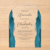Elegante Blauwgroen Silver Agate Script Arch Weddi Acryl Uitnodigingen (Voorkant)