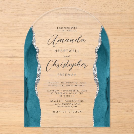 Elegante Blauwgroen Silver Agate Script Arch Weddi Acryl Uitnodigingen (Voorkant)