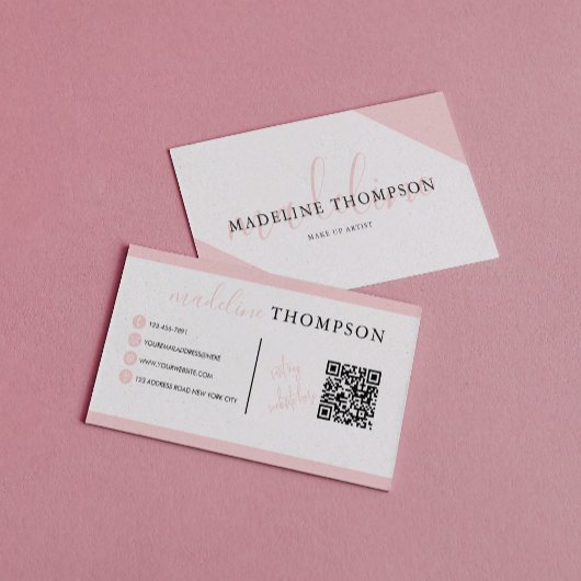 Elegante Bleke Roze Kalligrafie QR Code Visitekaartje