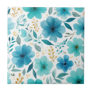 Elegante Bloeiende Bloemen Blauwe Botanische Water Tegeltje