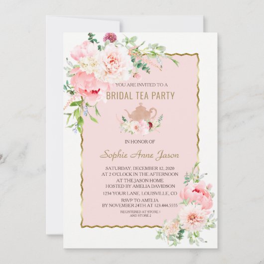 Elegante Bloeiende Bloemen Gouden Frame Bruiloft T Kaart (Voorkant)