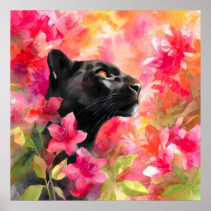 Elegante Bloeiende Bloemen Wild Black Panther Poster