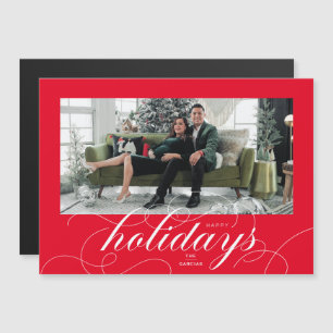 Elegante bloeiende script rode vakantie fotokaart magnetische uitnodiging