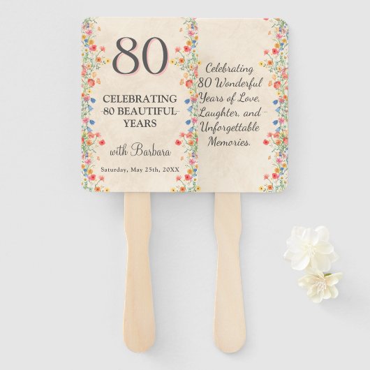 Elegante Bloem 80 Jaar Party Bloemen 80ste Verjaar Handwaaier (Voorkant en achterkant)