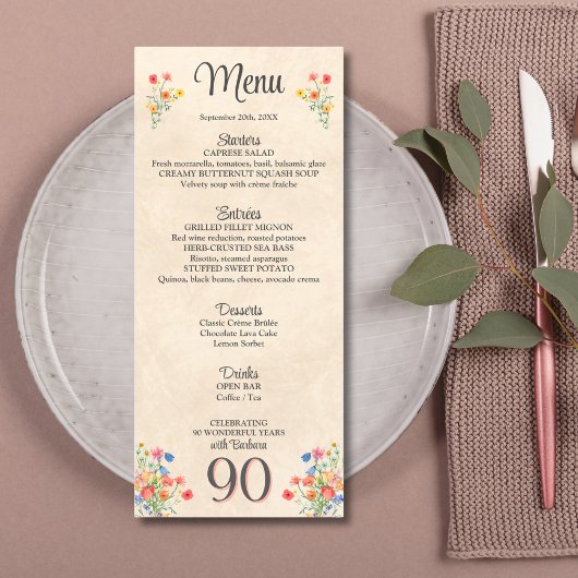 Elegante bloem 90 jaar feest Bloemen 90ste verjaar Menu