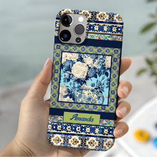 Elegante bloem blauwe tegel chinoiserie monogram