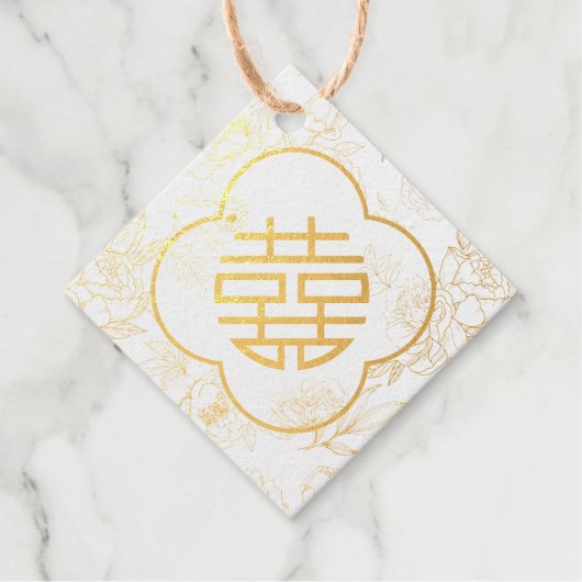 Elegante Bloem Dubbele Xi Chinese Bruiloft Bedankjes Labels (Voorkant)