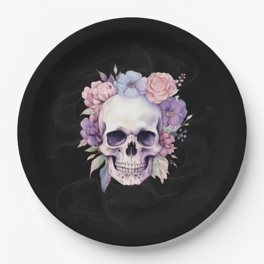 Elegante Bloem- en Schedel-Gotische Halloween-fees Papieren Bordje (Voorkant)